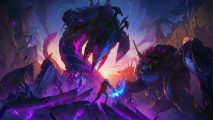 League of Legends season 14 release date: a large black and purple dragon leers