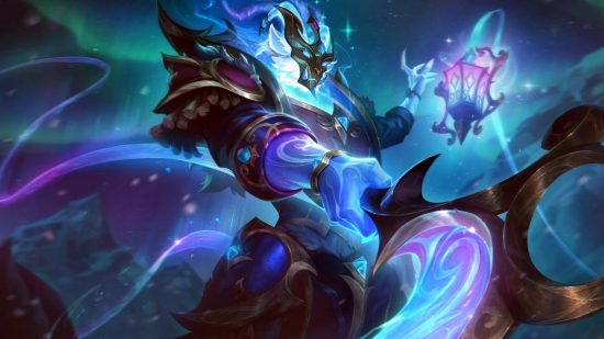 Riot isn't trying to "scam people" with League of Legends event pass: A demonic creature with a blue flaming skull stands with a hooked weapon outstretched to the camera holding an ominous lantern that glows with purple frosty energy