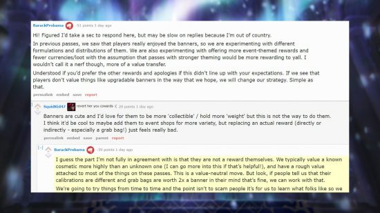 A comment from a Riot Games developer on Reddit discussing the League of Legends Winterblessed event pass changes