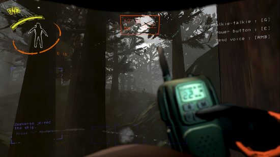 Best multiplayer games: lethal company. A hand holds a walkie talkie in a wooded area.