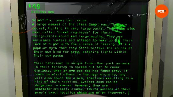 The bestiary entry for the Lethal Company monsters Eyeless Dogs on the in-game terminal.