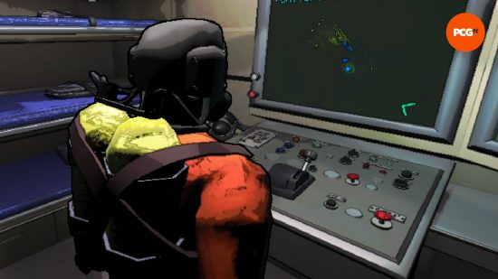 An employee in Lethal Company stands at the ship's camera, monitoring their squad and ready to disable turrets in Lethal Company.