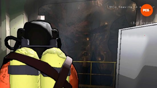 A Forest Keeper looms outside the ship as a player goes to close the door.