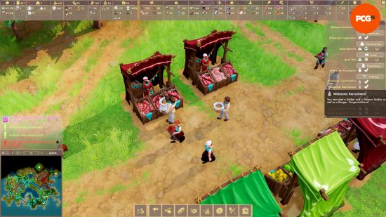 Tiny settlers trade at market stalls in Pioneers of Pagonia, one of the best games like The Sims.