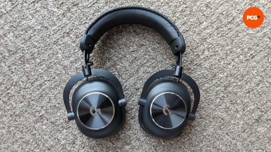 The Logitech G Pro X 2 Ligthspeed wireless gaming headset laid flat on a carpet