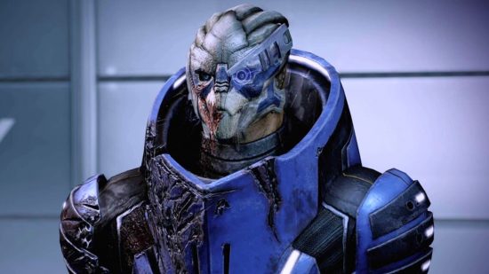 Mass Effect Steam sale: an alien humanoid in blue armor, with a glass piece over their eye