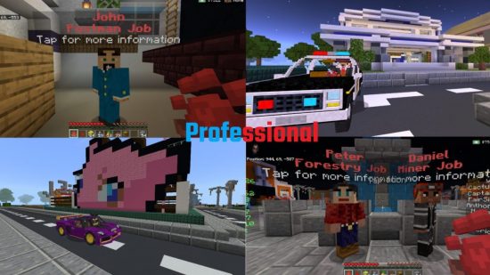 A collage of four professions in the Lifeboat Minecraft server.
