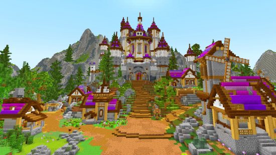 A castle overlooks a small village, each of the buildings with purple details, in Verdux, one of the best Minecraft servers.