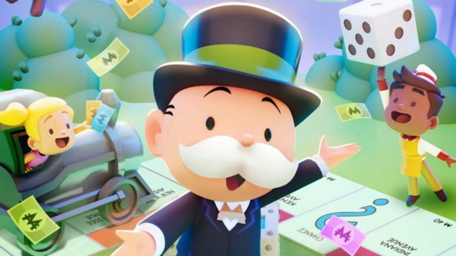The Monopoly Go character stands with a black and green top hat with arms outstretched