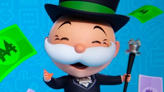 The Monopoly Go free dice links: the character has a big white moustache and green and black top hat and is smiling