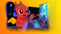 Artwork from the MSI website of a cute, red dragon, streaming online while using MSI hardware.