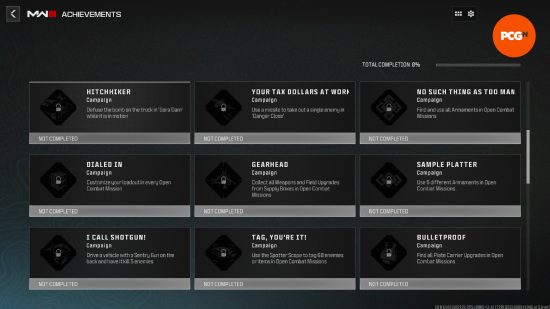 An in-game screenshot of nine of the campaign MW3 achievements.
