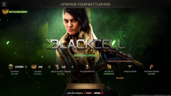 The upgrade to Blackcell screen in MW3 battle pass, showing the Exclusive operator skin and other rewards.