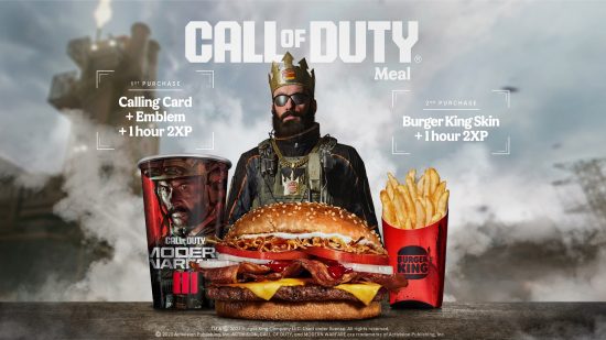 MW3 Burger King: a man wearing a crown, a burger, drinks and some fries.