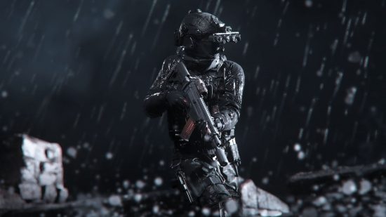 A soldier all in black waits in the rain for the MW3 error code to pass