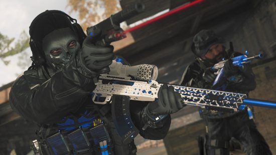 MW3 prestige: a solider wearing a skull mask points their handgun at a person off-screen.