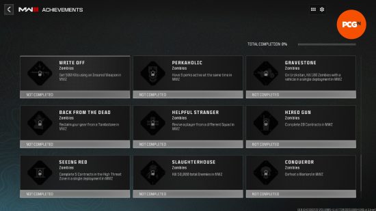 An in-game screenshot of nine of the MW3 zombies achievements.