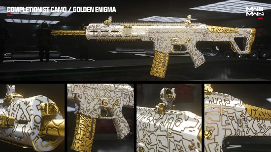 Five different views of the MWZ Golden Enigma camo in MW3.