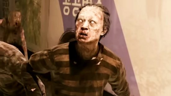 Nakwon: Last Paradise - A zombie in a striped shirt shambles past a bus.