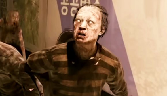 Nakwon: Last Paradise - A zombie in a striped shirt shambles past a bus.