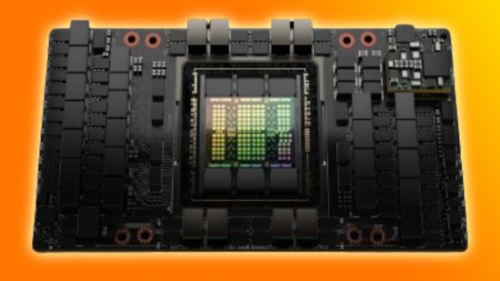 Image of an Nvidia H100 GPU, on an orange and yellow background.
