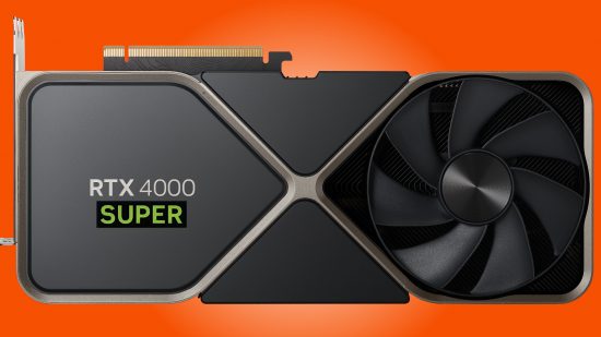 An Nvidia GeForce RTX 4000 series Founders Edition graphics card, with a 'Super' logo imposed on it