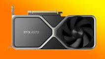 Nvidia GeForce RTX 4070 Super rumor: an RTX 4070 graphics card appears above an orange and yellow background.