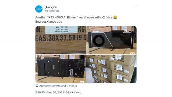 Nvidia GeForce RTX 4090 AI graphics cards China ban: a tweet from @I_Leak_VN showing makeshift AI GPUs at a factory.