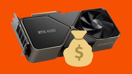 An Nvidia GeForce RTX 4090 Founders Edition against an orange background, with a cartoon moneybag sat in front of it