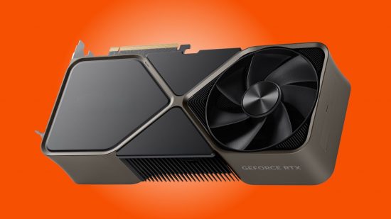 An Nvidia GeForce RTX Founders Edition graphics card, against a white-orange background