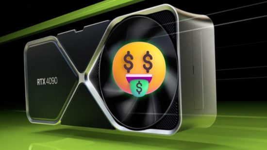 An image of the money-eyed emoji on the side of an RTX 4090 GPU.
