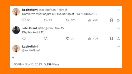 A screenshot of a tweet (post) on Twitter (X), regarding the Nvidia RTX 50 series graphics cards.