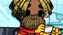 Oxygen Not Included Packed Snacks update - A bearded duplicant is handed a cup of hot tea and smiles, in this beloved Steam colony sim from indie developer Klei Entertainment.