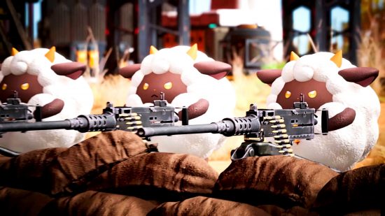 Palworld on Game Pass: Three bipedal sheep-like Pals wield turrets behind a wall of sandbags in Palworld.