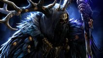 Path of Exile 3.23 Affliction league - A figure wearing a skull mask and hood, with a feathered cape and large antlers, and holding a staff.