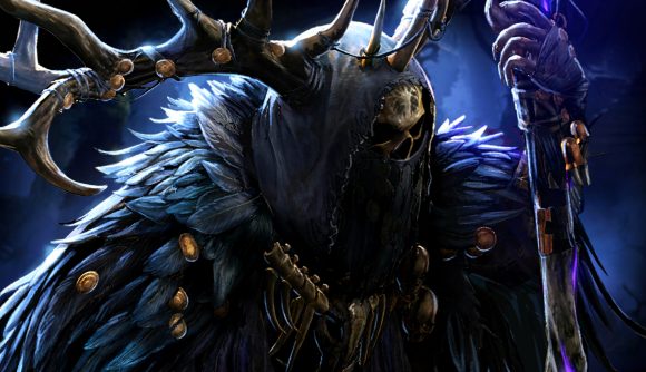 Path of Exile 3.23 Affliction league - A figure wearing a skull mask and hood, with a feathered cape and large antlers, and holding a staff.