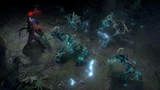 Path of Exile 3.23 Affliction league - The player fights monsters in the Viridian Wildwood, a forest infested with inky black corruption.