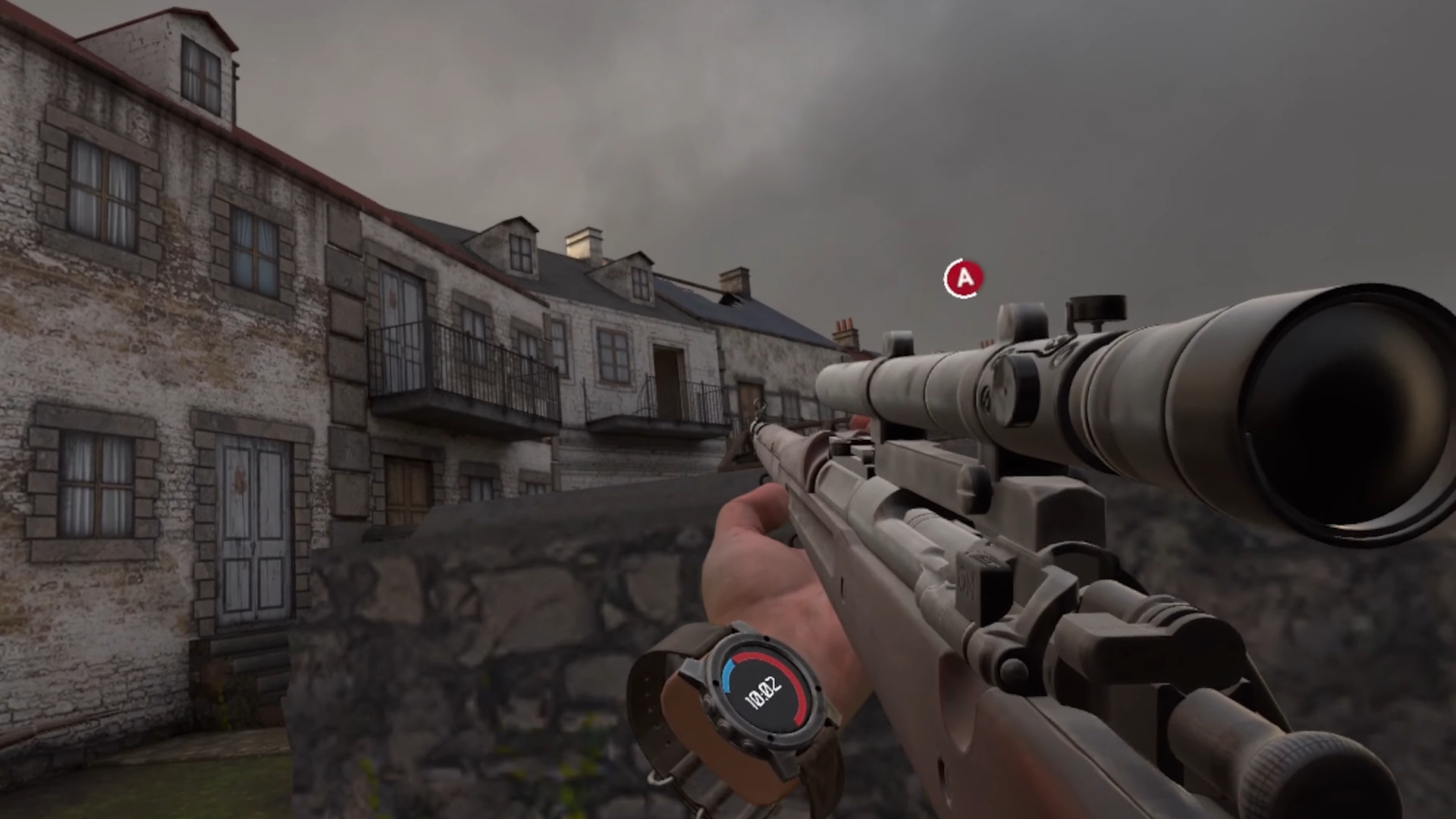 First-person view of a sniper rifle aiming at enemies in a building.