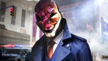 Payday 3 patch 1.0.1 notes - Hoxton, a man in a blue coat and clown mask, stands outside a bank.