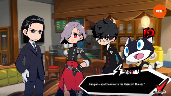 Persona 5 Tactica review: a man in a business suit wearing one glove is talking to the leader of the rebels, the protagonist, and a talking anime cat inside a coffee shop.