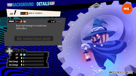 Persona 5 Tactica review - a Jack-O-Lantern in the Persona menu. The stats and skills are on screen.