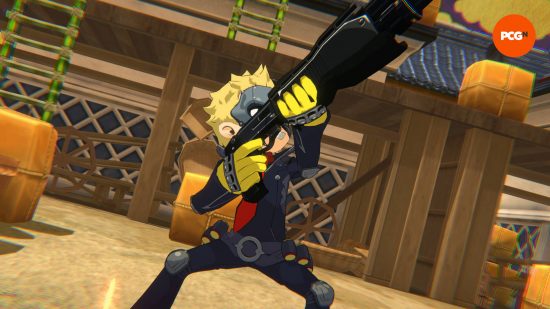 Persona 5 Tactica - Ryuji is holding his shotgun in the air, as an enemy is falling. He's standing in a feudal Japanese town.