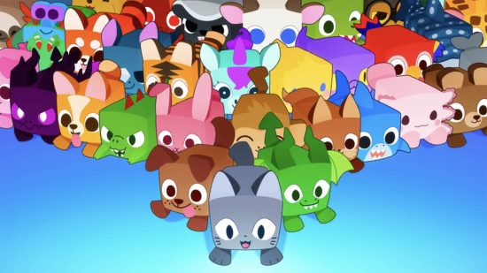 Best Roblox games: a bunch of very colorful, very cute pets run in formation.