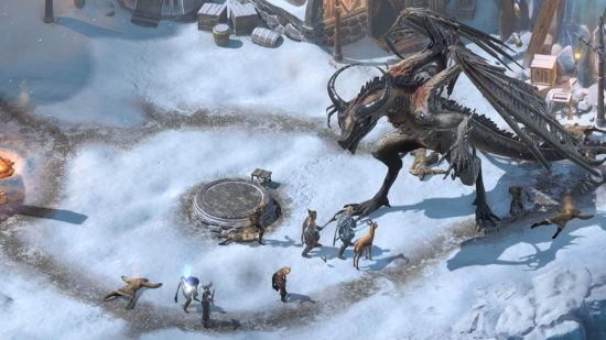Games like BG3: Some humans and animals facing a dragon that towers over the top of them in Pillars of Eternity 2 Deadfire.