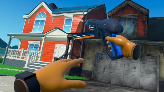 A screenshot from PowerWas Simulator VR showing the player cleaning a house