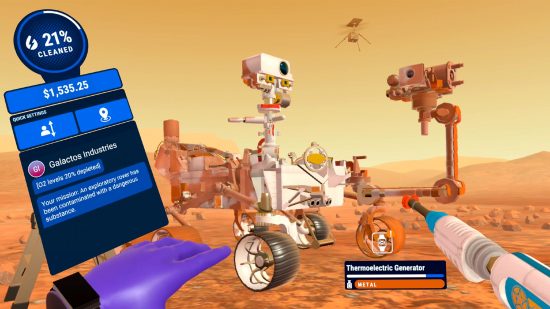 A screenshot from PowerWash Simulator VR showing the player cleaning the Mars Rover