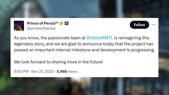 Prince of Persia The Sands of Time Remake progress: a tweet from Ubisoft with an update on the game's progress
