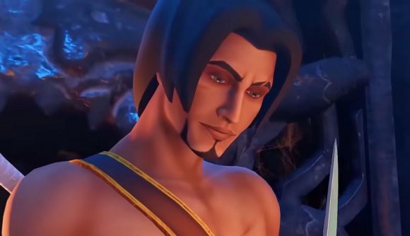 Prince of Persia The Sands of Time Remake progress: a young man with floppy dark parted hair, a goatee, and a shoulder strap with no shirt on looking at a knife he is holding