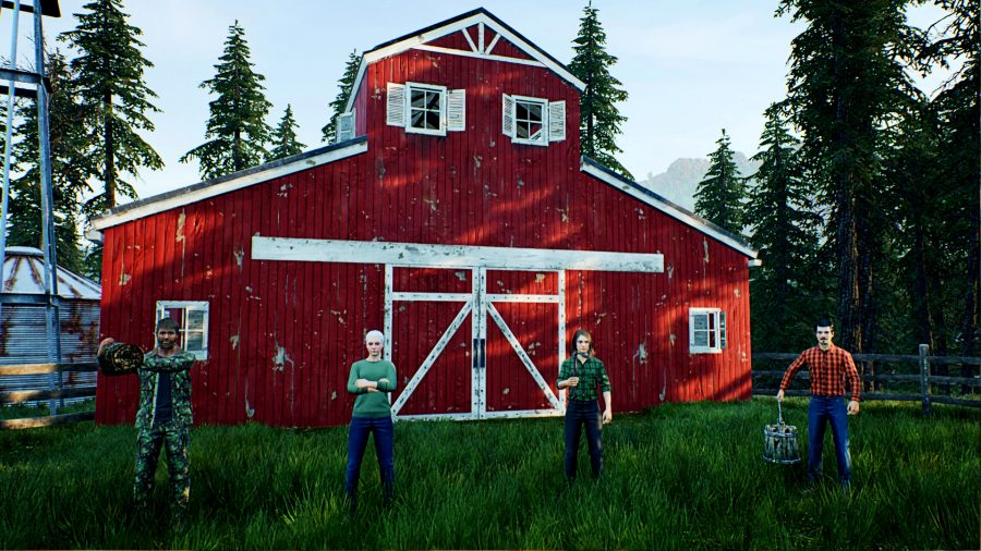 Ranch Simulator - Four people stand outside a red farmhouse building.