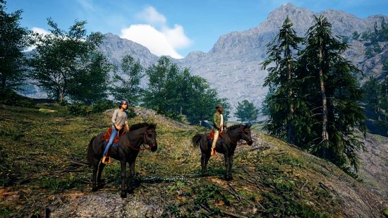 Ranch Simulator se lanza en Steam: dos personas a caballo contemplan colinas y montañas.